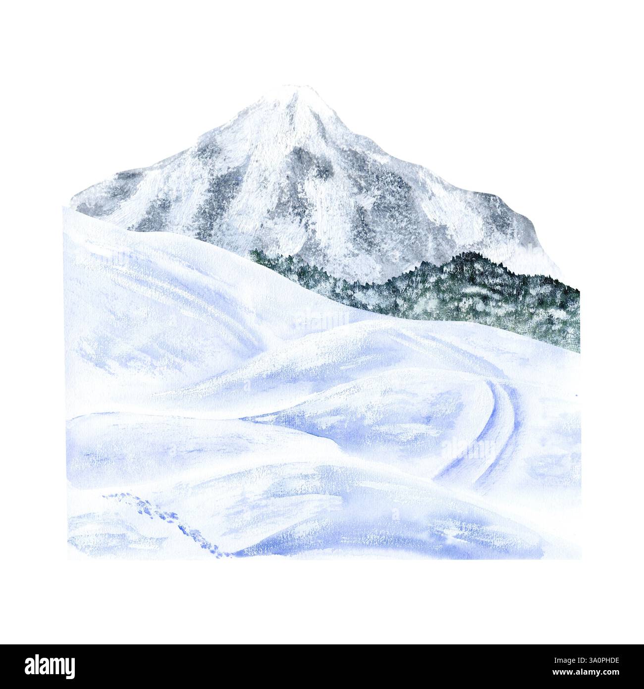 Paysage de montagne hivernal. Pics, forêt, colline de ski dans la neige. Illustration aquarelle, dessinée à la main sur fond isolé. Pour décor, design, printin Banque D'Images