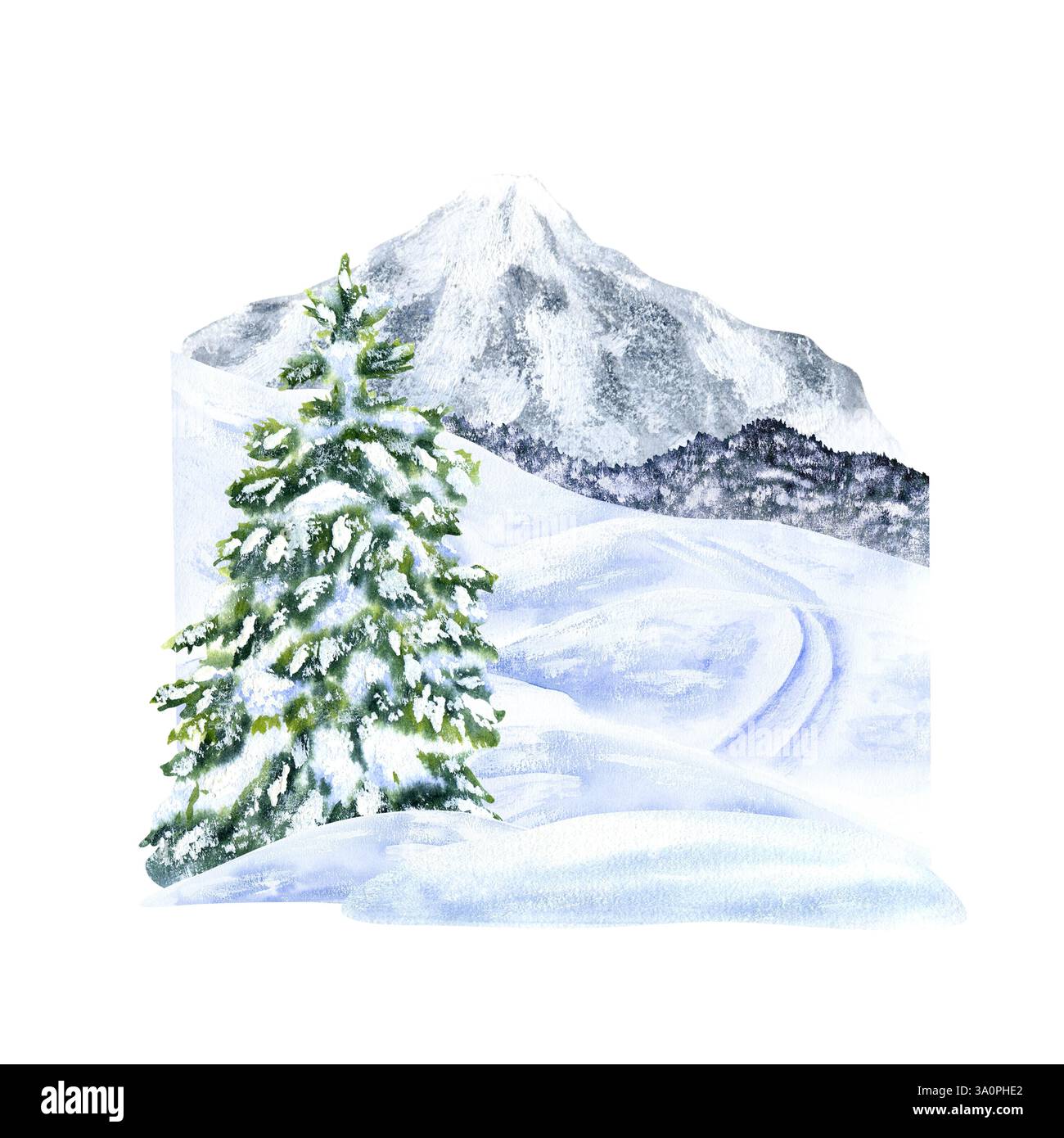 Paysage de montagne hivernal. Pics, forêt, piste de ski et épicéa dans la neige. Illustration aquarelle, dessinée à la main sur le fond isolé. Pour la décoration, Banque D'Images