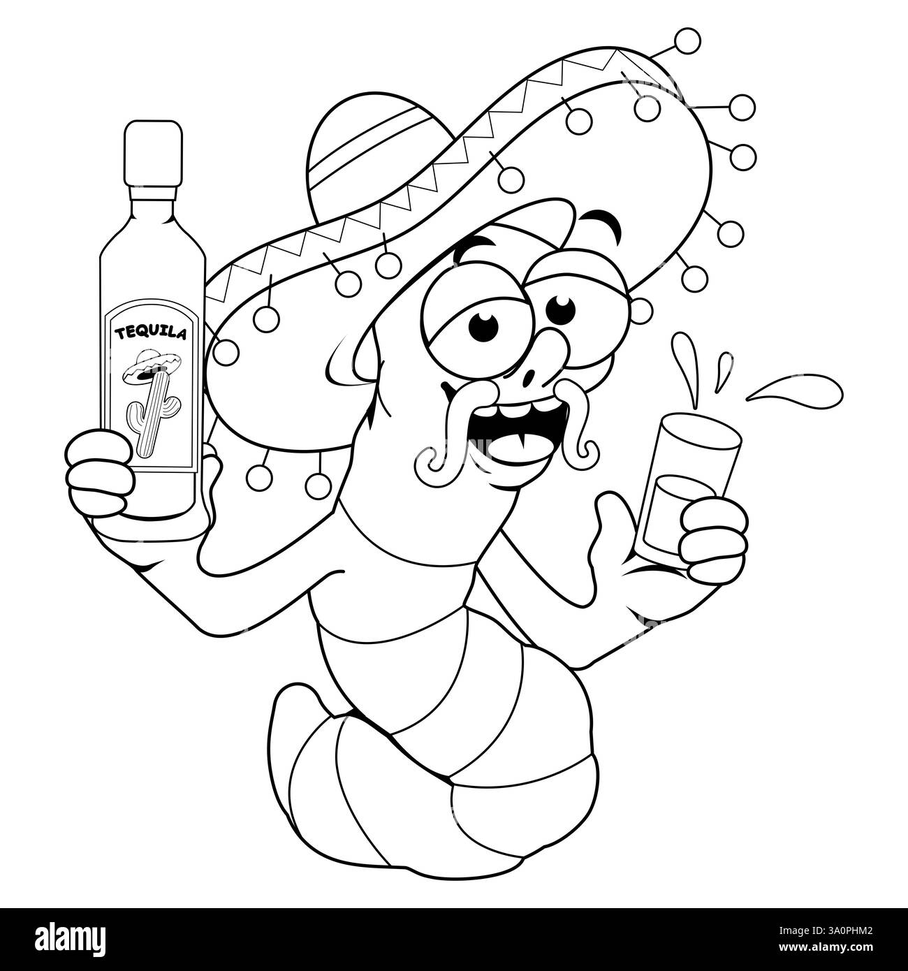 Dessin animé mexicain ver de tequila bu avec chapeau de sombrero buvant une bouteille de tequila lors d'une fête du Cinco de Mayo. Coloriage noir et blanc. Banque D'Images