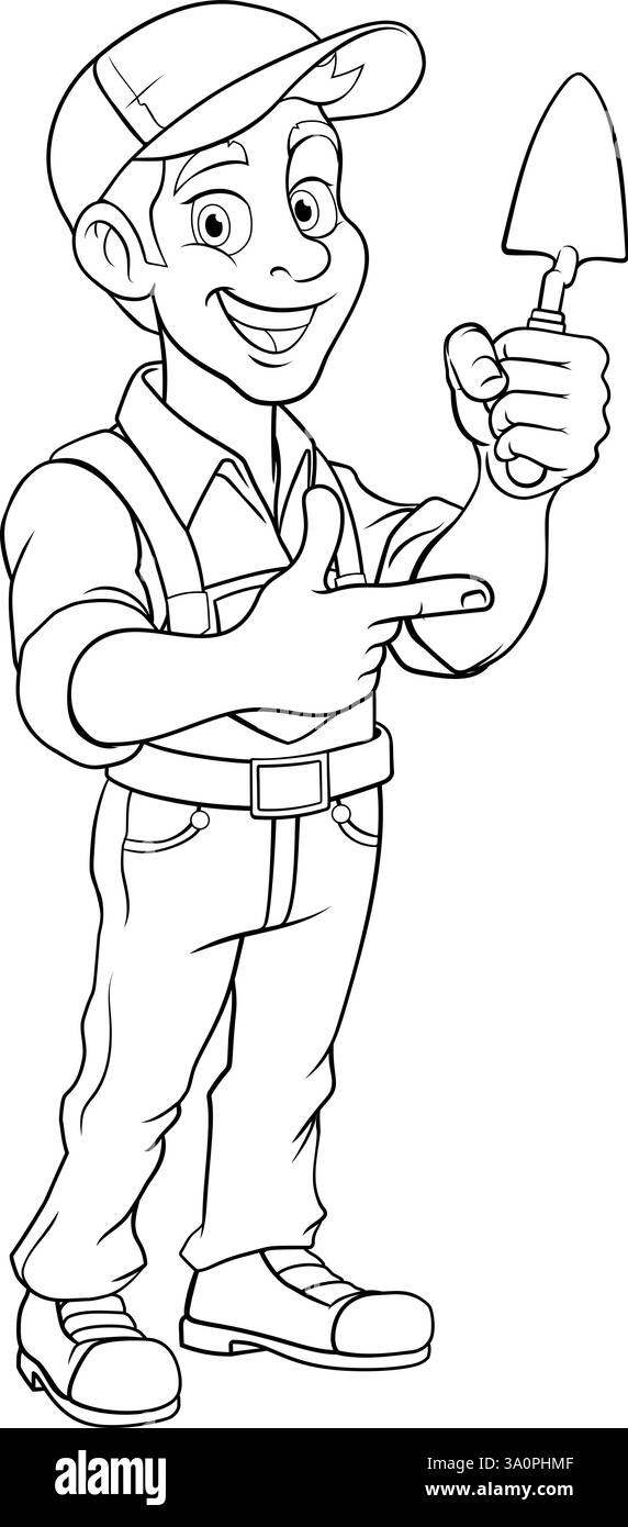 Brick Layer Mason Builder Cartoon Man pointant Illustration de Vecteur