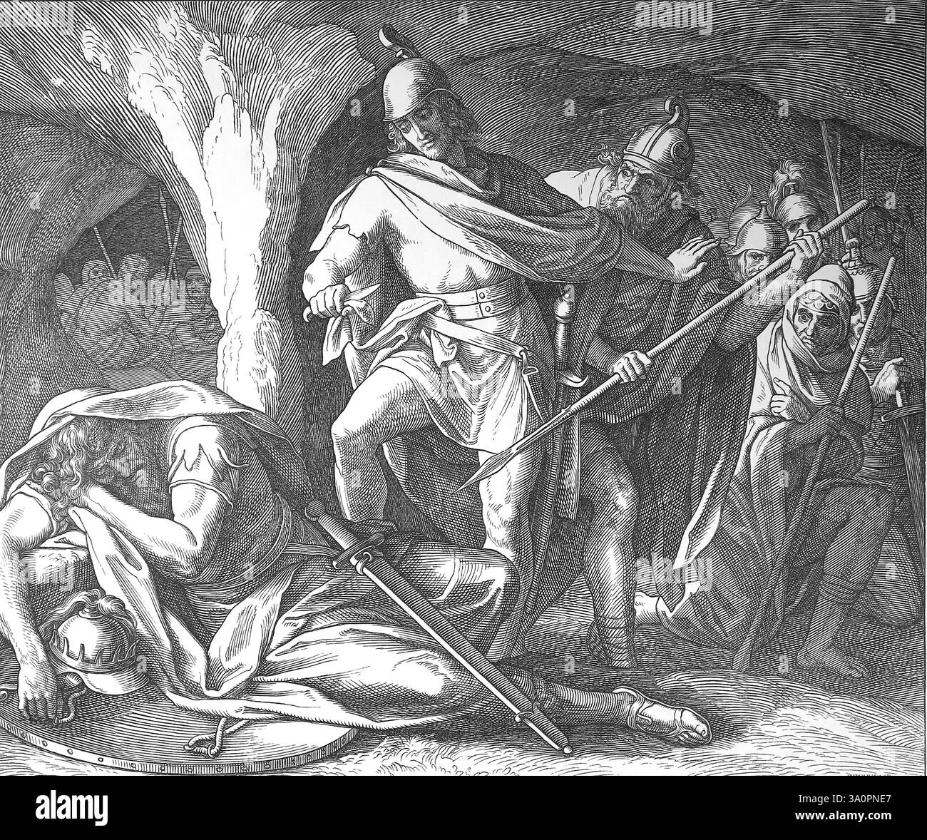 Ancien Testament. David épargne la vie de Saul. Illustration par J. Schnorr von Carolsfeld. 'The Picture Bible', 1852-60. Banque D'Images