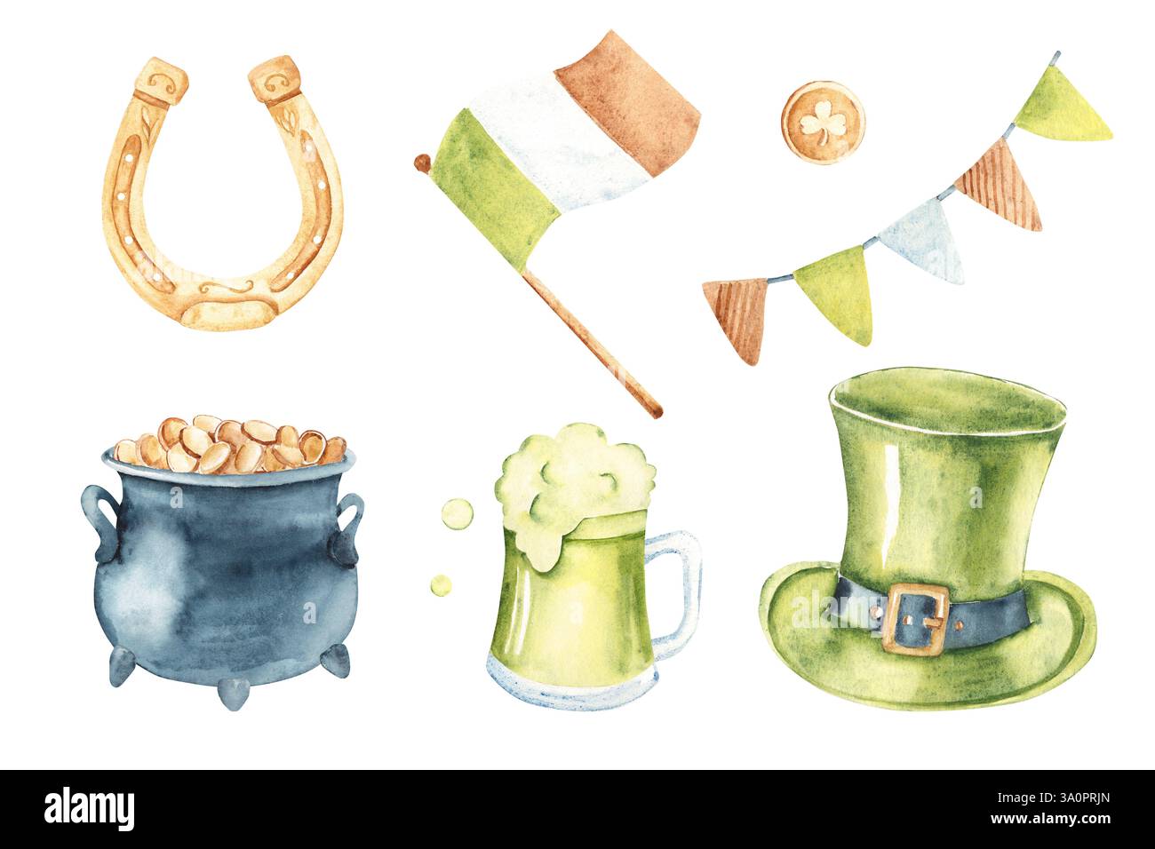 Ensemble d'éléments de conception de la St Patricks Day. Drapeau irlandais, pot ou Chaudron avec pièces d'or, chapeau vert Leprechaun, tasse à bière, fer à cheval doré et Bunting Party Banque D'Images