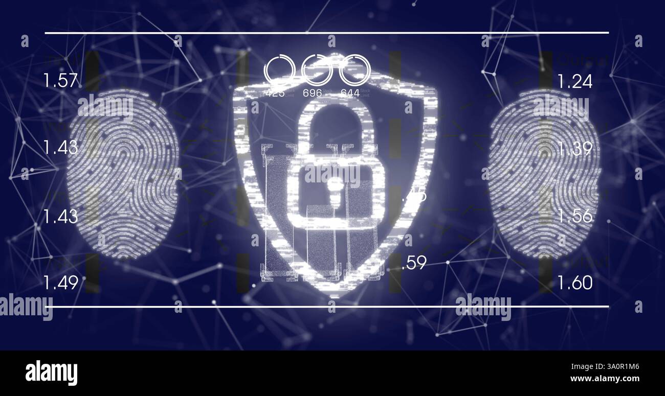 Image du traitement des données et du cadenas sur les formes et les empreintes digitales Banque D'Images