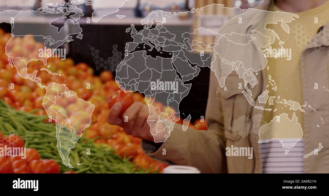 Image de carte du monde au-dessus des légumes frais au marché Banque D'Images