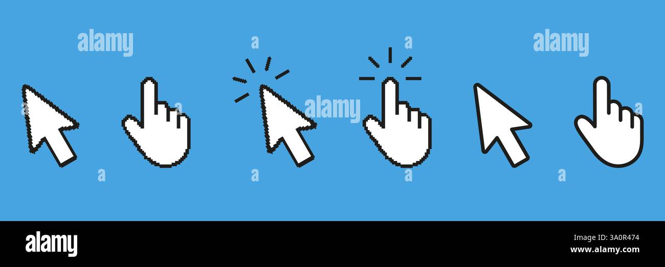 Icônes de curseur et de pointeur jeu d'icônes pixelisées. Pixel Art Symbol Collection de curseurs et de mains. Illustration vectorielle isolée Illustration de Vecteur