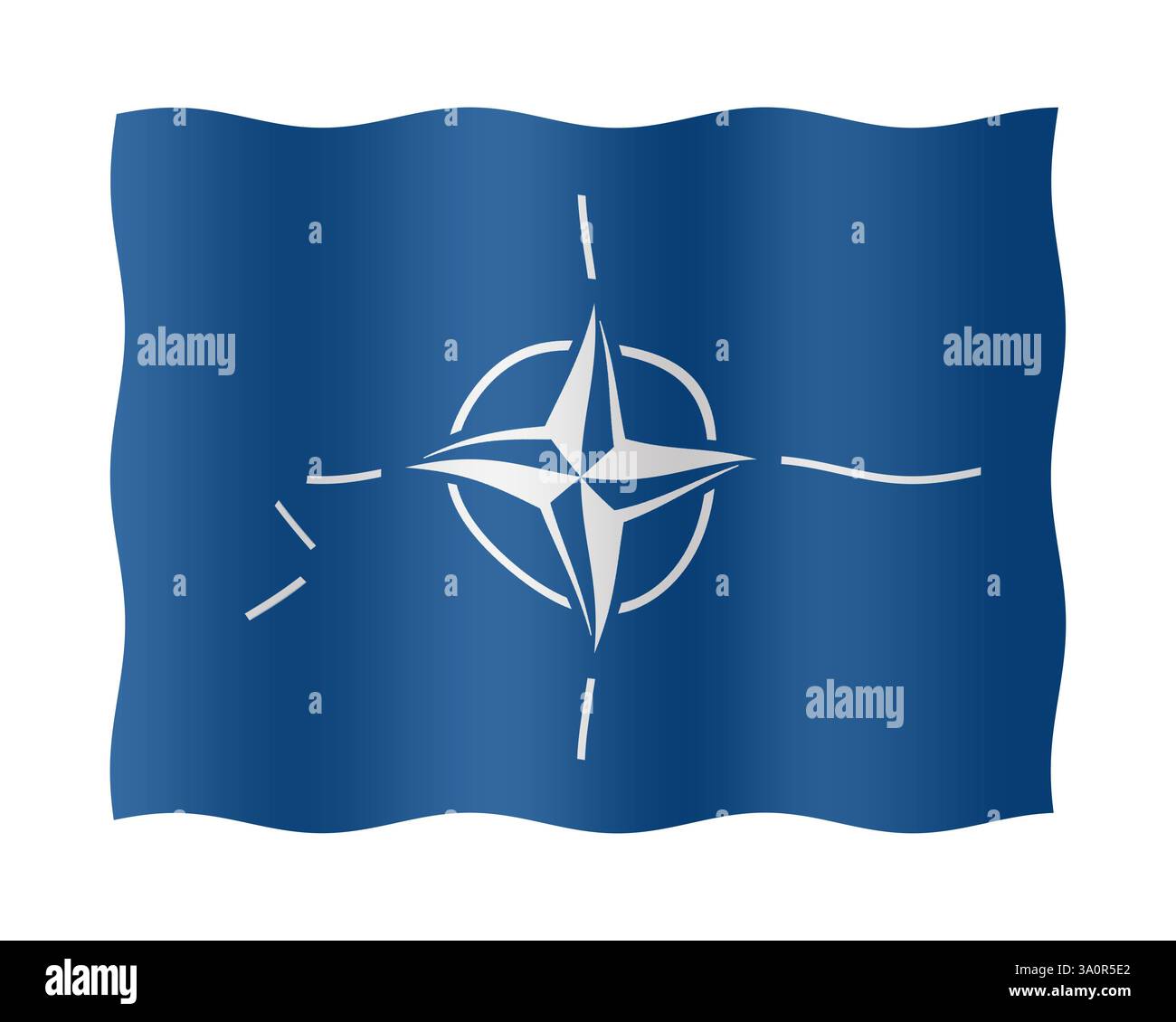 Composite numérique. Drapeau de l'Organisation du traité de l'Atlantique Nord OTAN avec un bras qui s'effondre. Sous la première période de la présidence de Donald Trump, la participation américaine a été remise en question par le président. Au cours de la deuxième période, des questions sont également posées. diviser, réduire, réaligner, Banque D'Images