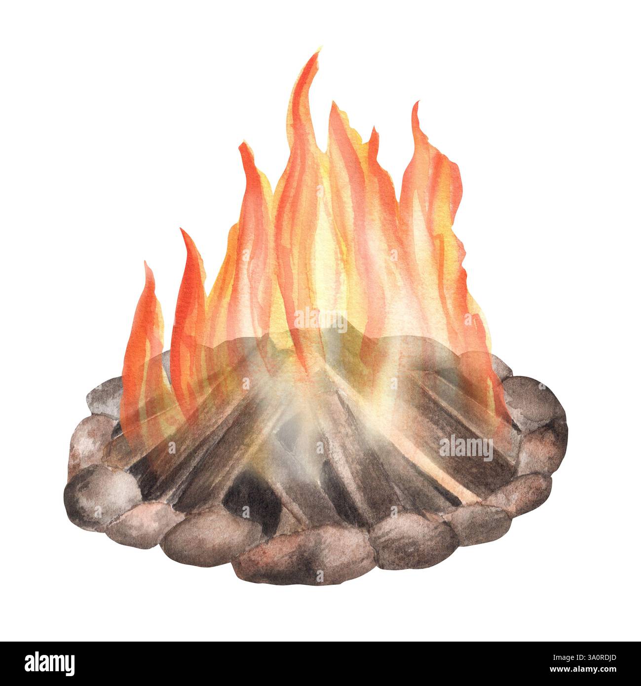 Un feu de camp brûlant avec des bûches de bois. Flamme brûlante. Camping clipart voyageur. Voyage aventure. Isolé. Illustration d'aquarelle dessinée à la main. Banque D'Images