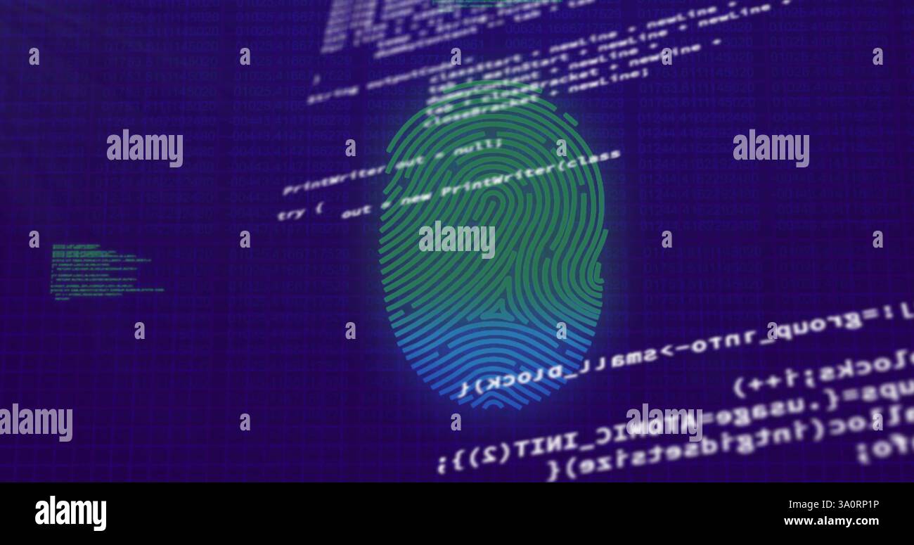 Image d'empreinte digitale sur fond de code informatique Banque D'Images