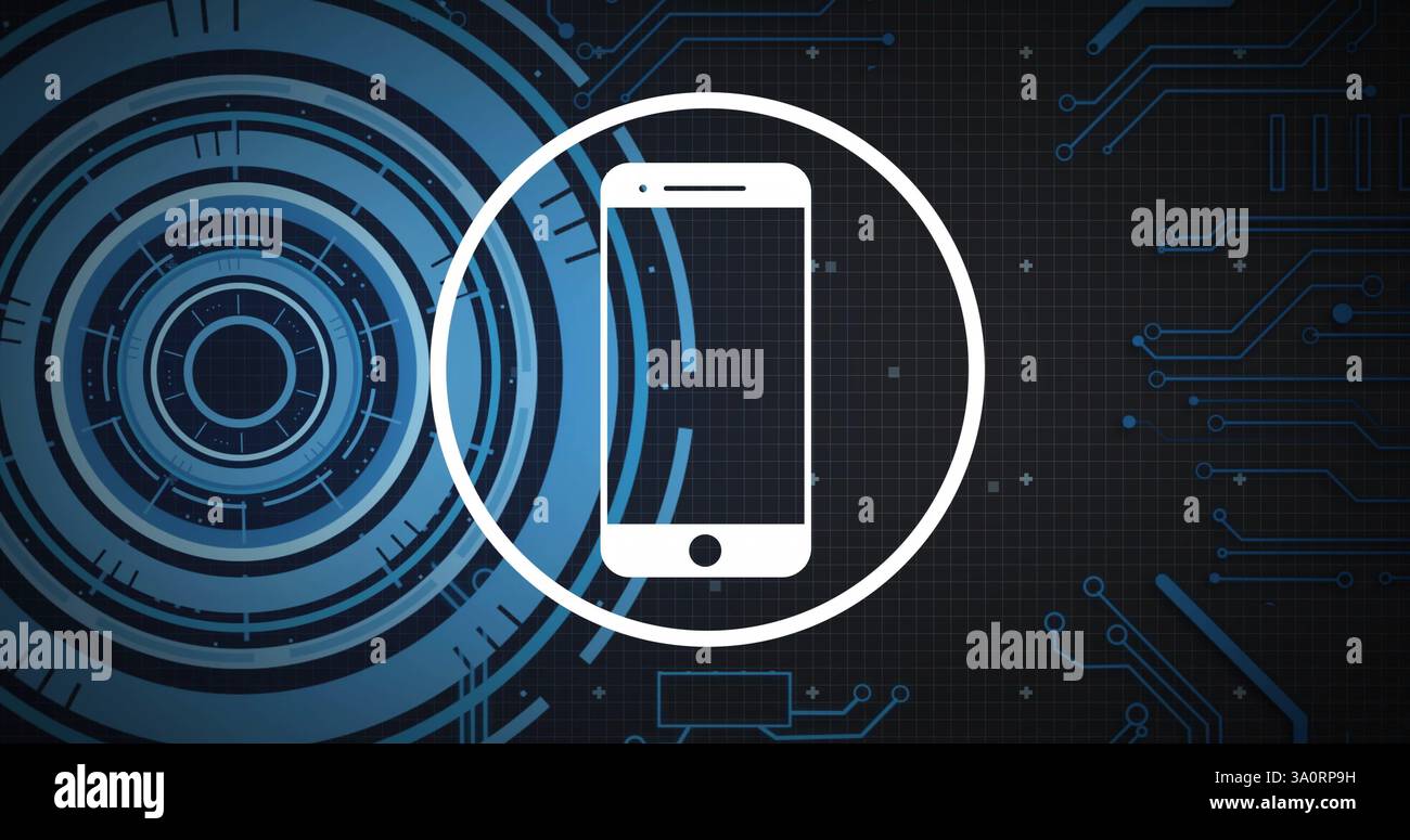 Icône de smartphone et image de codage sur fond de circuit numérique Banque D'Images