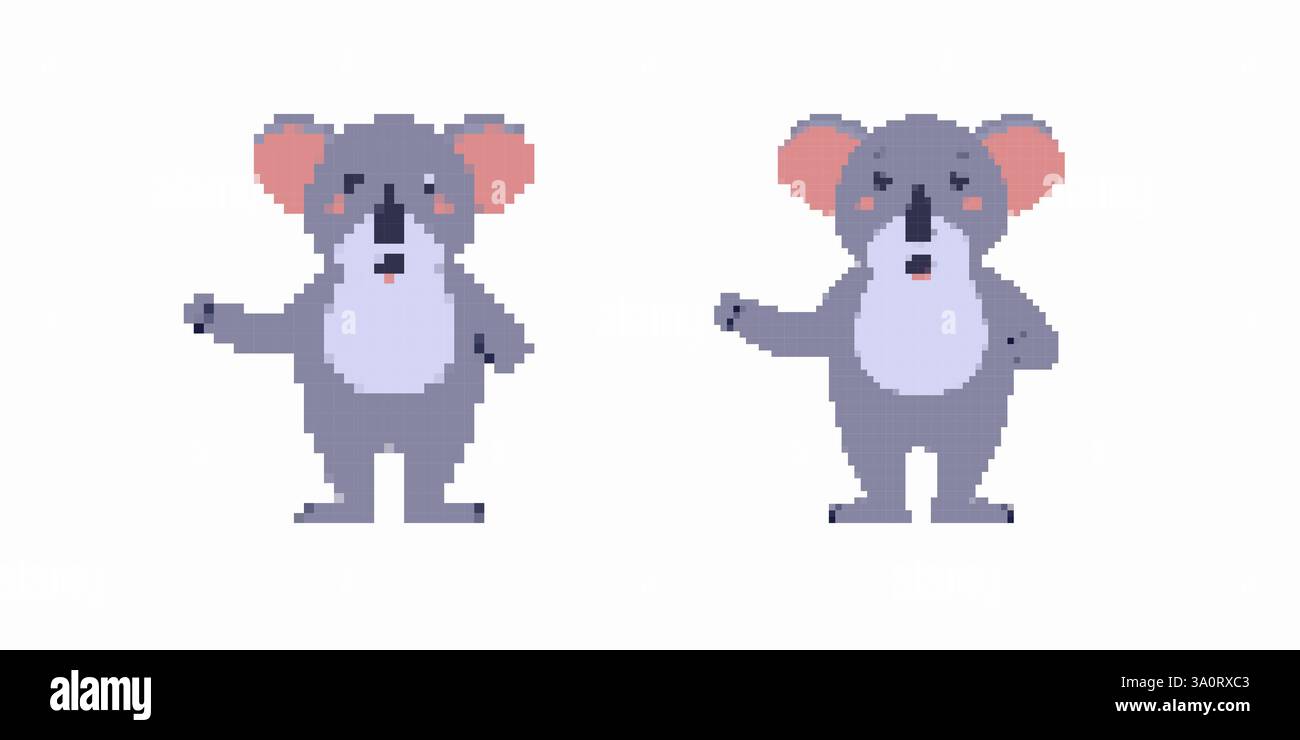 Koalas Pixel art avec de grandes oreilles et des visages expressifs dans différentes poses et gestes Illustration de Vecteur
