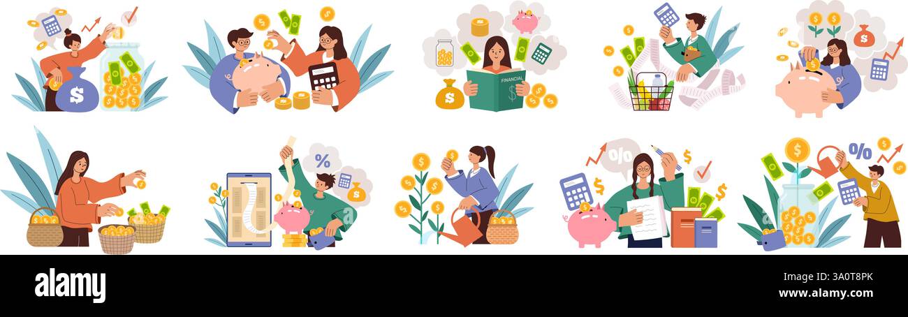 Littératie financière. Investir des dépenses et économiser de l'argent illustrations de concept vectoriel récentes dans un style plat Illustration de Vecteur Littératie financière. Investir des dépenses et économiser de l'argent illustrations de concept vectoriel récentes dans un style plat Illustration de Vecteur
