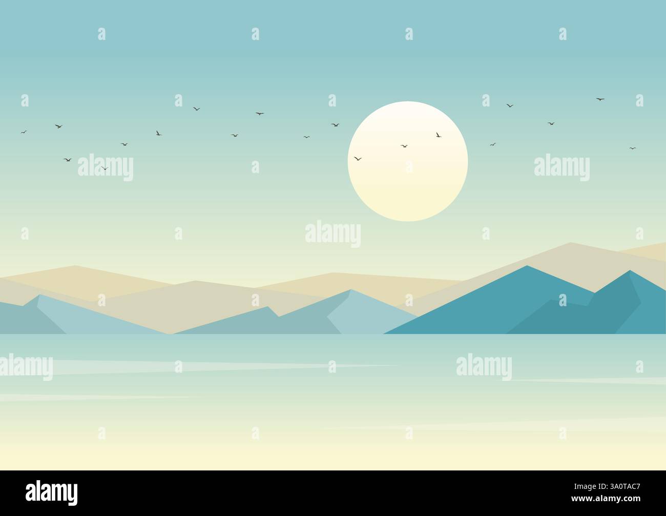 Paysage scandinave avec illustration vectorielle de la mer et des montagnes. Fjord norvégien. Paysage naturel nordique dans un style plat. Voilier près du bord de mer, Illustration de Vecteur