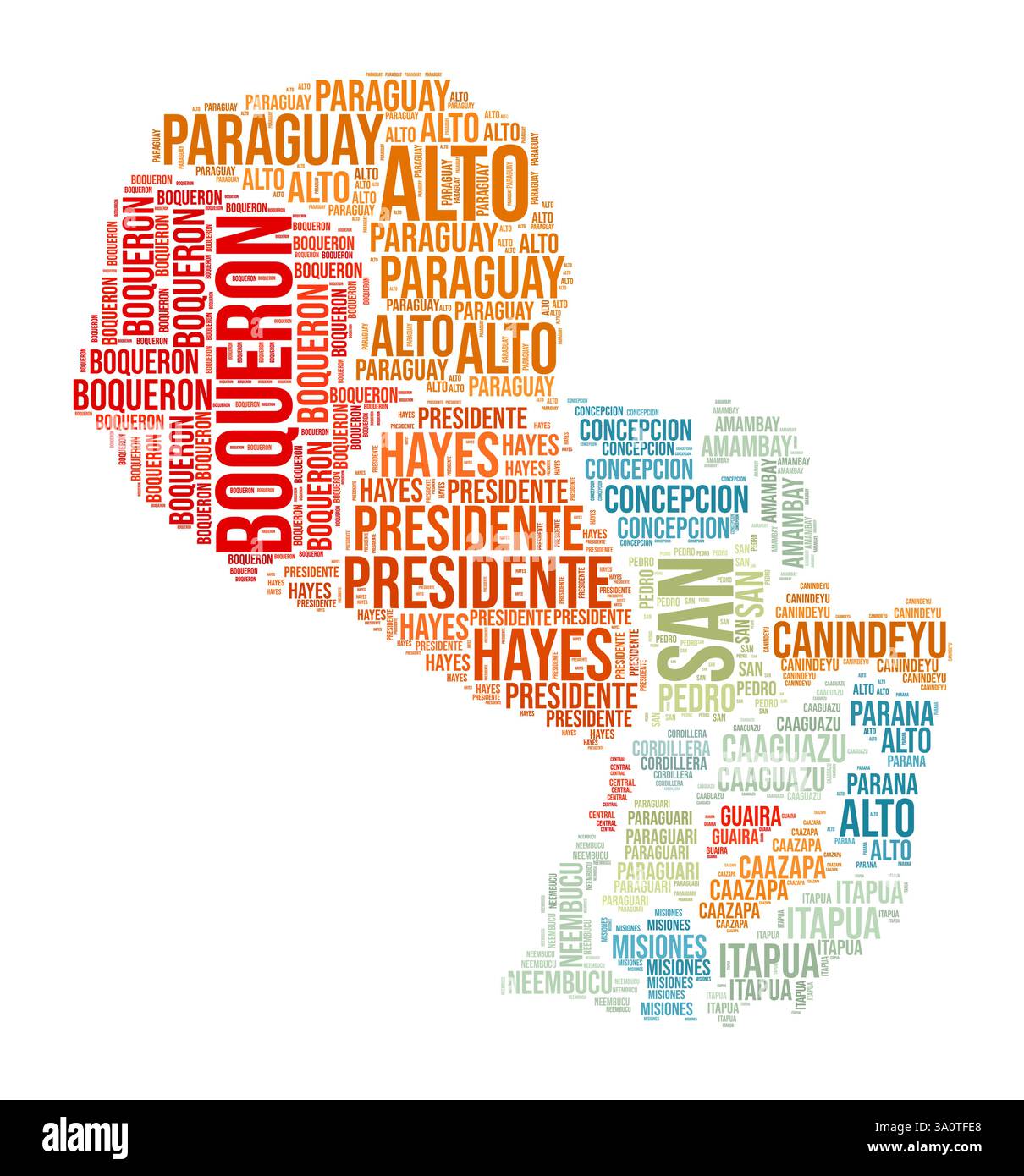 Paraguay Word Cloud. Forme du pays avec division de région. Image de style typographie Paraguay. Nuages de balises de noms de région. Illustration vectorielle. Illustration de Vecteur