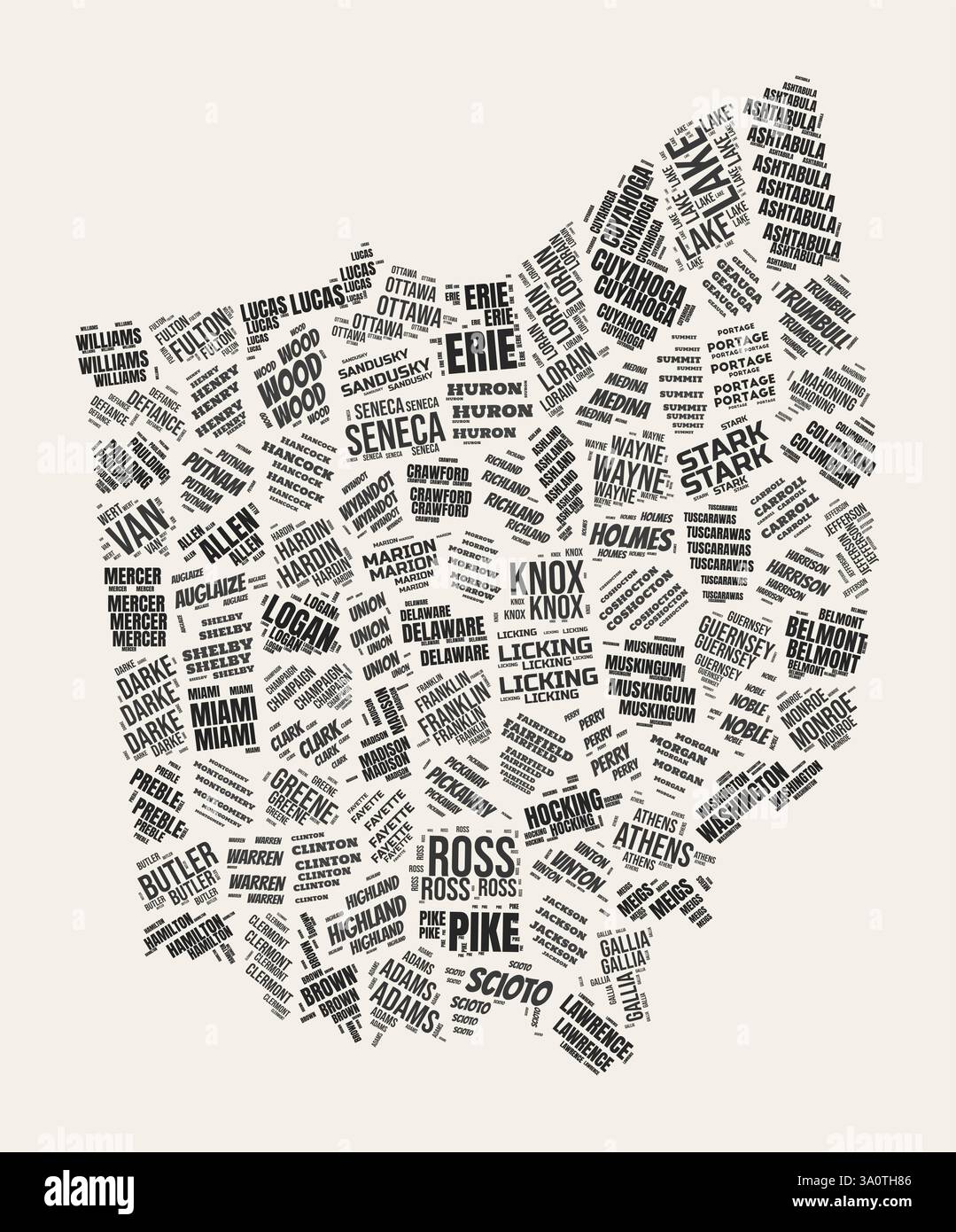 Ohio Word Cloud. État avec division des comtés. Conception d'image vectorielle de nuages de texte typographique Ohio. Image de forme d'état de style gazette vintage. Illustration de Vecteur