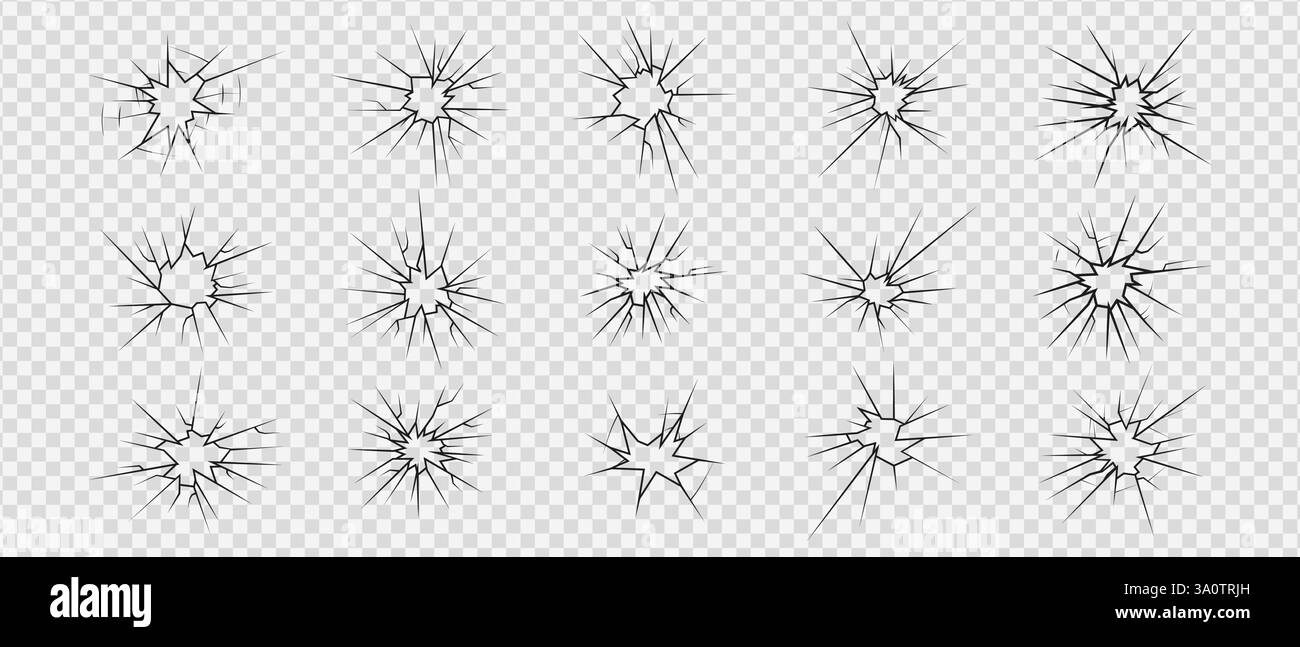 Jeu d'icônes de verre de tir de fissure, fissures et cassures linéaires de silhouette, verre brisé ou glace, motifs abstraits d'illustration vectorielle Illustration de Vecteur