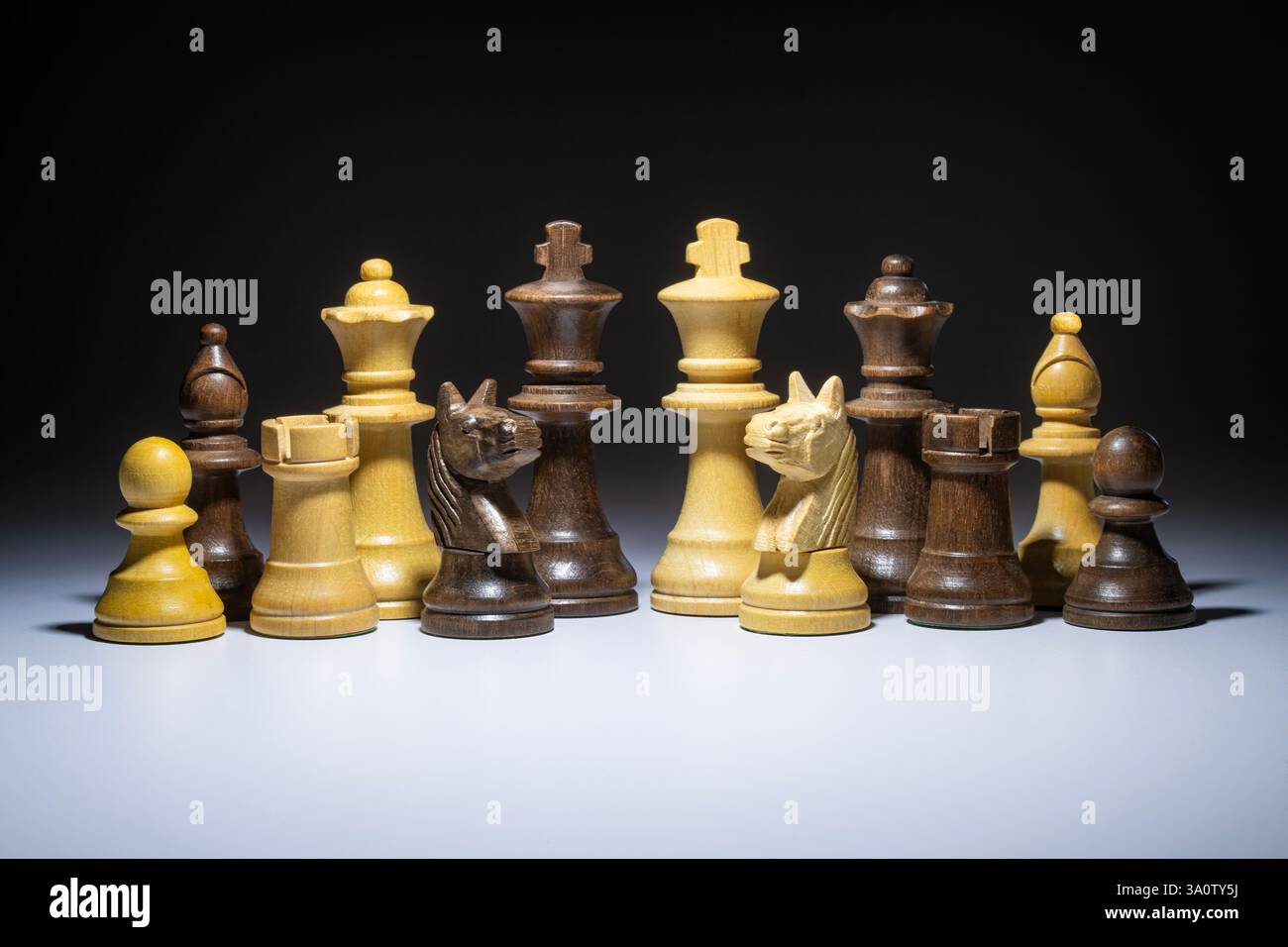 Pièces d'échecs sculptées en bois sur un fond gris noir à blanc Banque D'Images