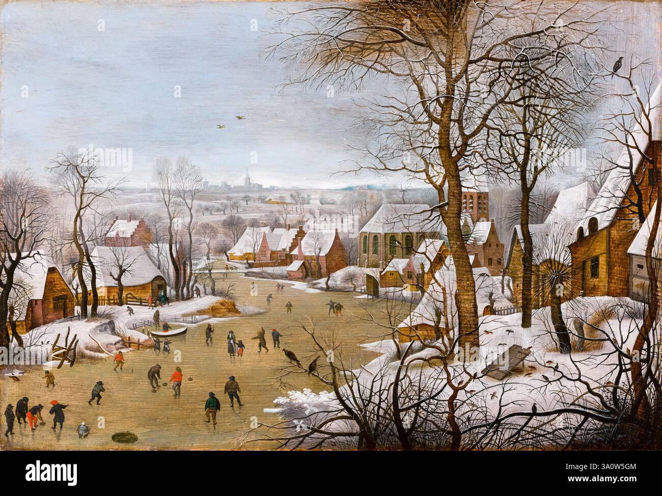 Paysage d'hiver, avec piège à oiseaux et la fuite en Egypte, peinture à l'huile sur panneau par Pieter Brueghel le jeune, 1622 -- Banque D'Images