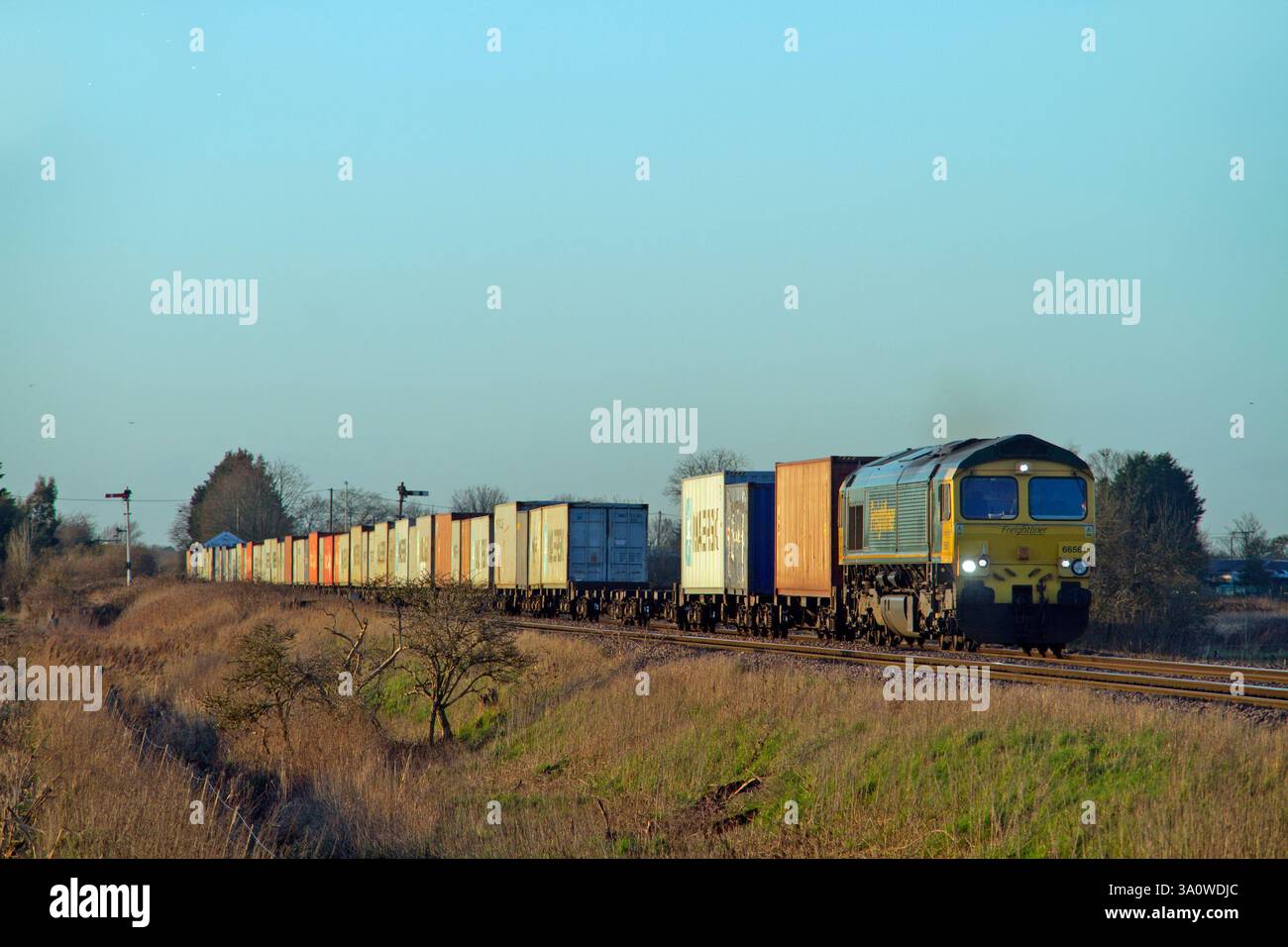 Une locomotive diesel de classe 66 numéro 66561 passe les signaux du sémaphore à Manea tout en travaillant sur un service freightliner le 24 février 2025. Banque D'Images