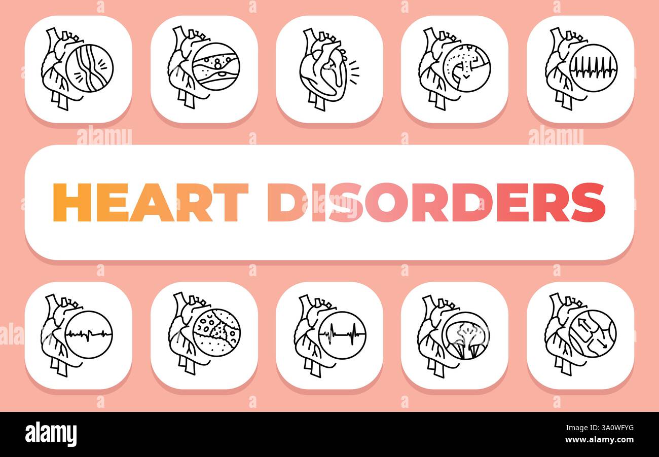 le concept de texte des troubles cardiaques. Shablon pour présentation et infographie. Icônes nettes minimales pour les applications et les sites Web. Illustration de Vecteur