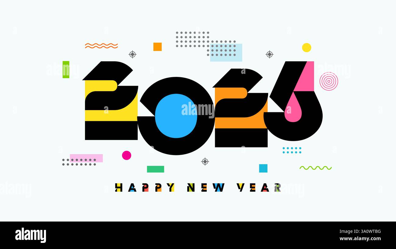 Bonne année 2026, lettres colorées et éléments dans le style Memphis. Numéro horizontal 20 26 modèle pour les cartes du nouvel an ou les couvertures de calendrier. Vecteur Illustration de Vecteur