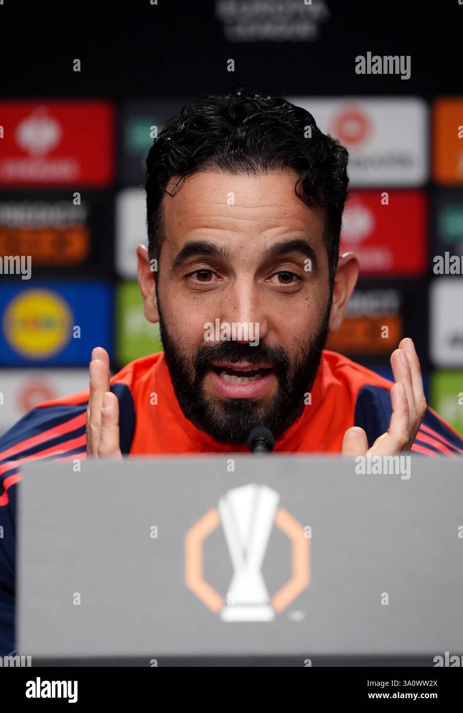 Ruben Amorim, manager de Manchester United, lors d'une conférence de presse au Reale Arena de Saint-Sébastien, en Espagne. Date de la photo : mercredi 5 mars 2025. Banque D'Images