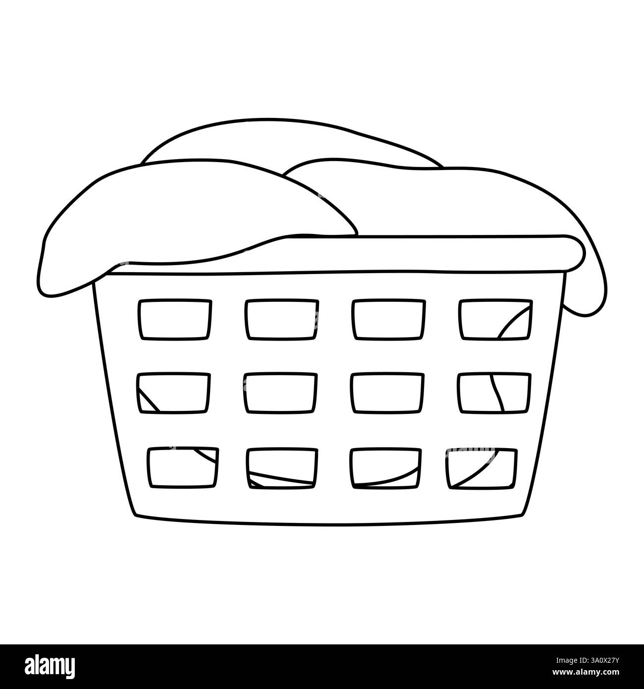 Panier à linge débordant de vêtements attendant d'être lavés, illustration vectorielle plate de style doodle pour livre de coloriage pour enfants Illustration de Vecteur
