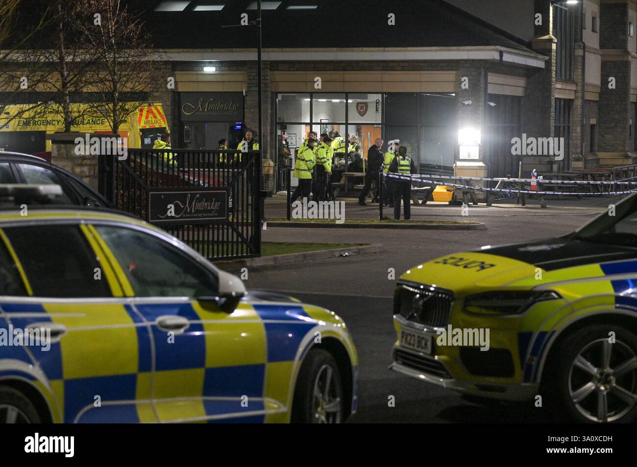 Shap Road, Kendal, Cumbria 5 mars 2025 : la police de Cumbria enquête après qu'une voiture s'est écrasée à travers une clôture au Kendal Rugby Union Football Club, vers un terrain du parking, frappant des enfants jouant au football ci-dessous. Un enfant est mort des suites de ses blessures. Déclaration de la police de Cumbria : la police a été contactée à 16h58 aujourd'hui (5 mars) avec un rapport d'une collision impliquant une voiture et deux enfants sur un terrain au Kendal Rugby Union Football Club sur Shap Road. La police peut confirmer que l'un des enfants impliqués est malheureusement mort. Le deuxième enfant impliqué dans cette collision est soigné par des ambulanciers paramédicaux. Banque D'Images