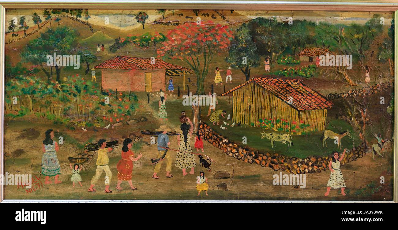 Peinture à l'huile 'Barrio de Masaya' (quartier de Masaya) par l'artiste nicaraguayen Manuel Garcia exposé dans Centro Cultural Museos Convento San Francisco.Granada.Nicaragua Banque D'Images