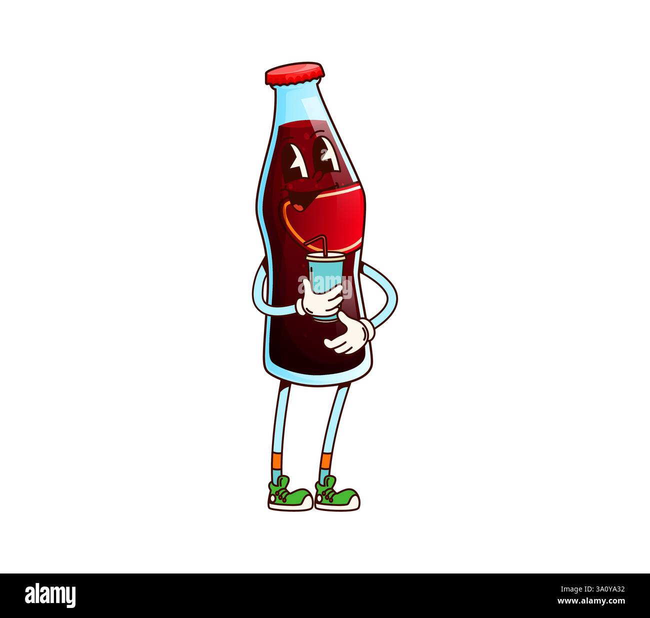 Dessin animé soda boisson groovy caractère joyeux. Boisson rafraîchissante 60s 70s groovy caractère. Bouteille de soda fraîche pétillante rétro funky isolé vecteur mignon Illustration de Vecteur