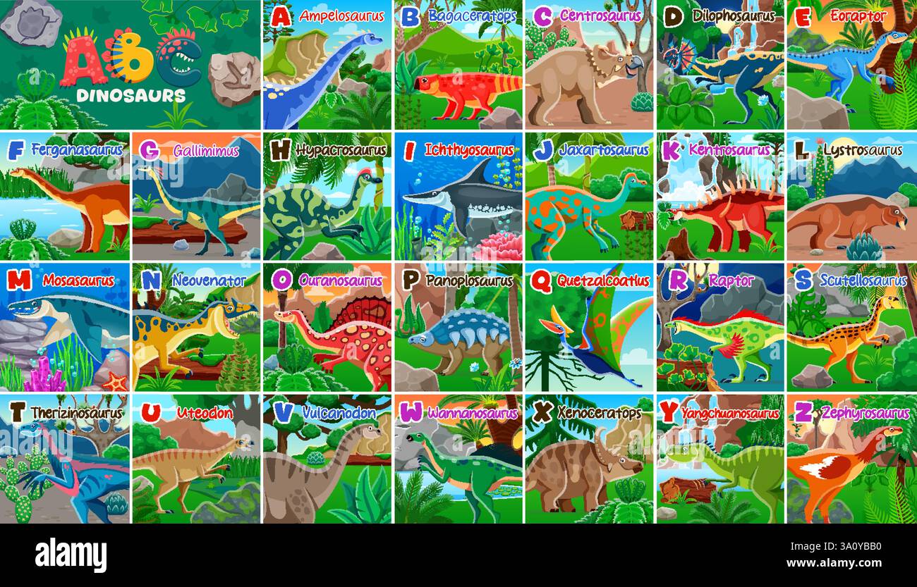 Dinosaures préhistoriques dans l'alphabet des enfants avec des personnages drôles de dinosaures de bande dessinée, vecteur lettres ABC. Les enfants apprennent l'alphabet avec les dinosaures et le prehist jurassique Illustration de Vecteur