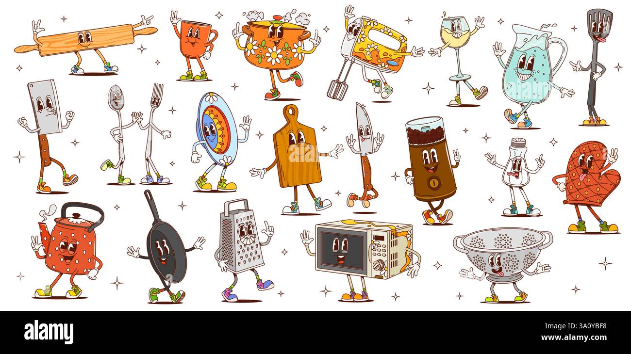 Dessins animés groovy ustensiles de cuisine et personnages de batterie de cuisine. Vecteur funky rétro cuillère, fourchette, couteaux et tasse, marmite de cuisson, bouilloire, spatule et râpe. Mignon Illustration de Vecteur