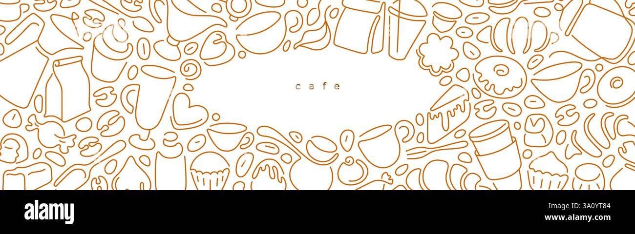 Café et thé, haricots, bonbons. Fond d'art pour le menu, la conception alimentaire. Ensemble d'une ligne café et enseigne de boulangerie. Tasse à espresso. Illustration fine graphique vectorielle Illustration de Vecteur
