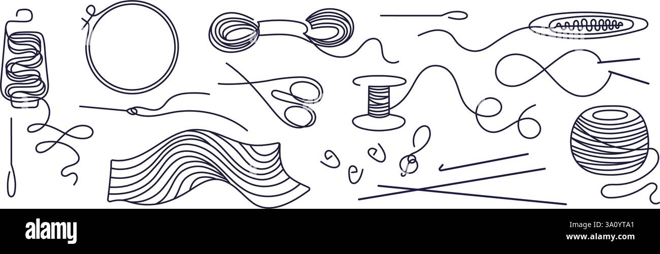 Kit de broderie. Tricotage. Cadre de cerceau, fils, aiguille, ciseaux, accessoires artisanaux. Passe-temps artisanal. Boules de fil. Ligne continue vectorielle Illustration de Vecteur