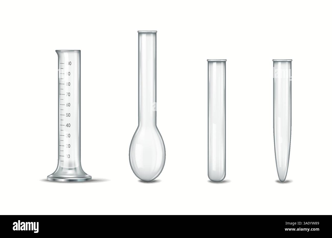 Image présentant différents types de verrerie de laboratoire, y compris une éprouvette graduée, une fiole jaugée et des tubes à essai. Parfait pour illustrer SC Illustration de Vecteur