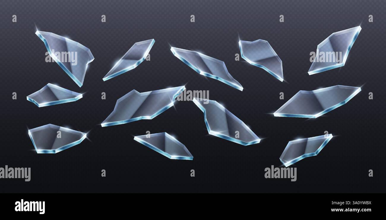 Illustration 3D réaliste de morceaux de verre brisés dispersés sur un fond sombre. Convient pour les scènes de destruction, les visuels dramatiques et les effets d'impact Illustration de Vecteur