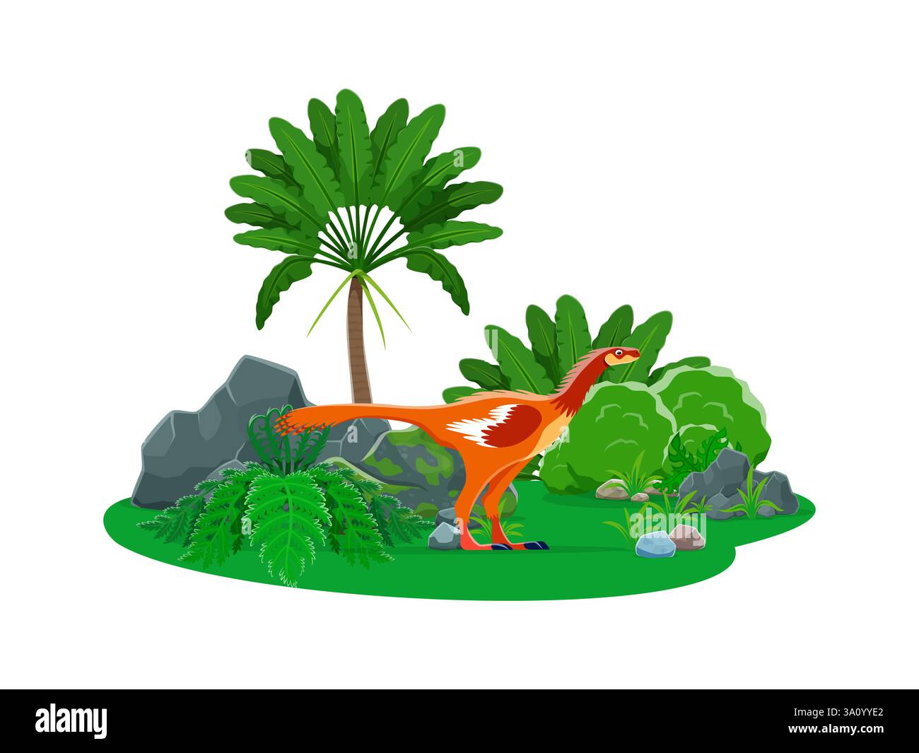 Personnage préhistorique de dessin animé de dinosaure zephyrosaurus dans un paysage luxuriant de l'ère jurassique. Vecteur isolé Dino orange à plumes ressemblant à un énorme oiseau avec Illustration de Vecteur