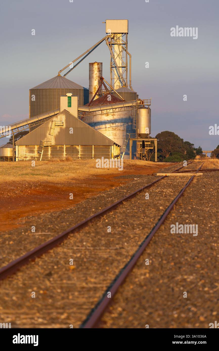 Regardant le long des voies ferrées vers un silo à grains ruarl et des tours à Moolort dans le centre de Civtoria, en Australie Banque D'Images