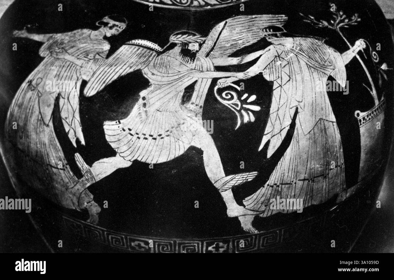 Boreas enlevant Oreithyia, peinture sur l'ancienne hydrie grecque attique, 400 av. J.-C. Banque D'Images