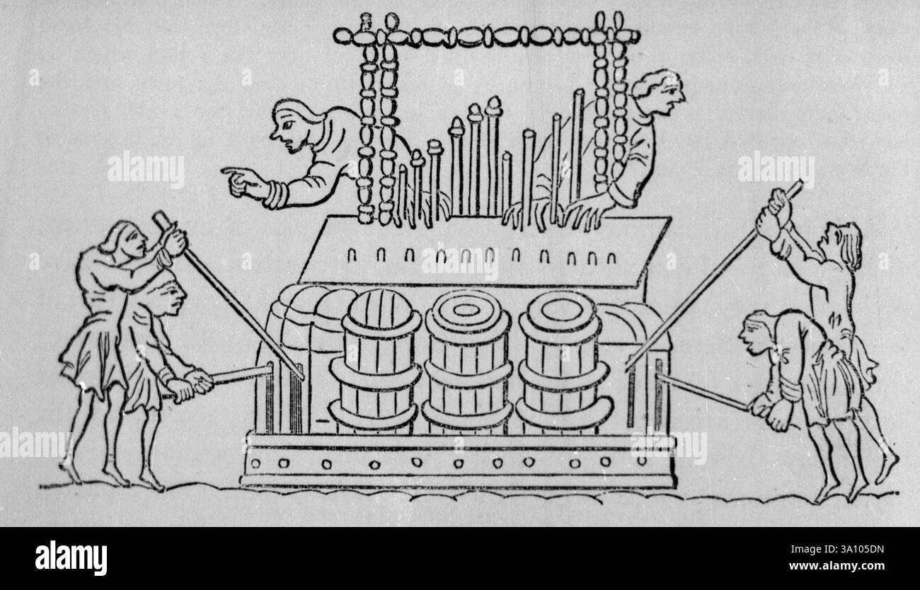 Musiciens jouant un orgue pneumatique ancien, illustration, années 1600 Banque D'Images