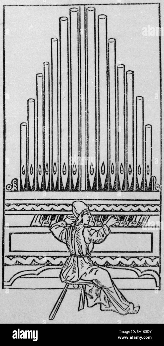 Musiciens jouant un orgue ancien, de Theorica Musica de Franchinus Gaffurius, illustration, Italie des années 1400 Banque D'Images