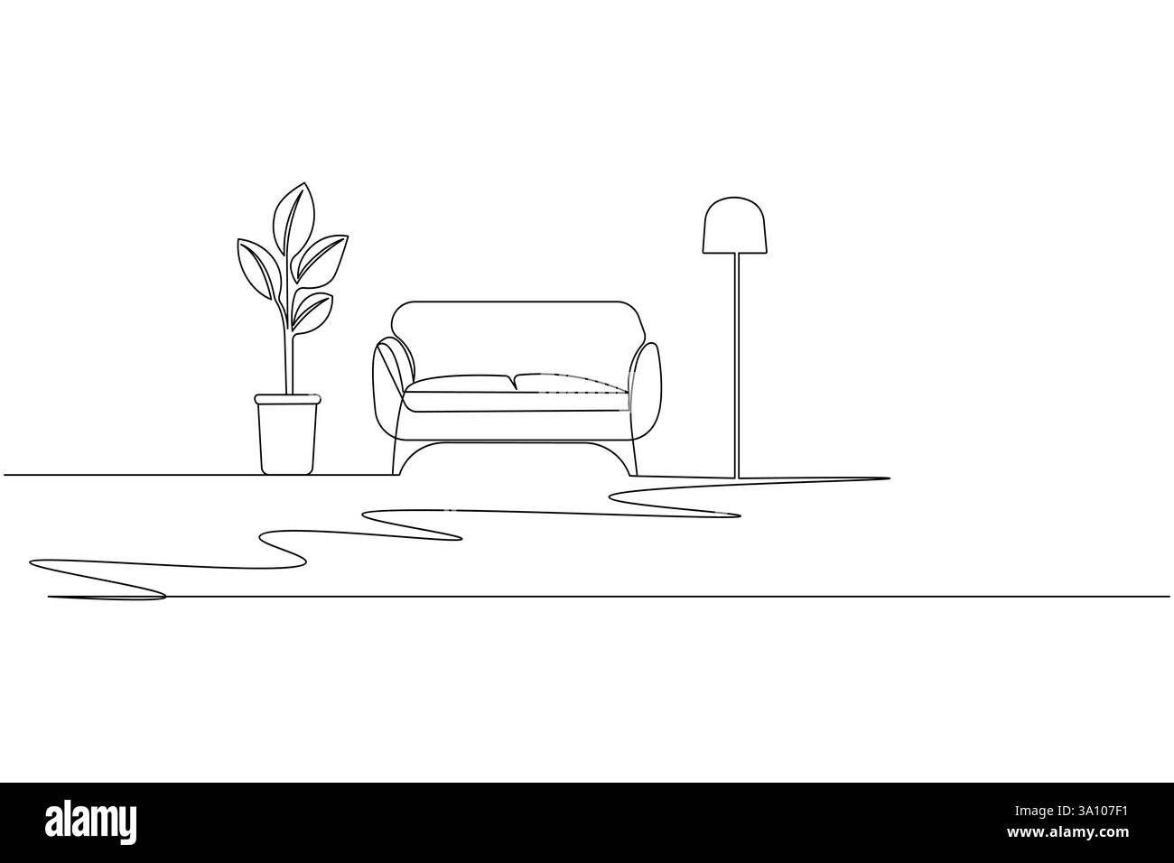Canapé de salon avec lampe et plante en pot une ligne d'art et style minimaliste isolent l'icône de contour Illustration de Vecteur