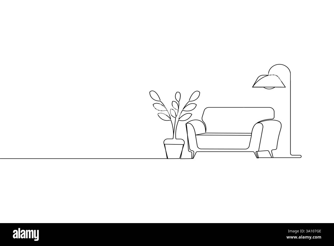 Canapé de salon avec lampe et plante en pot une ligne d'art et style minimaliste isolent l'icône de contour Illustration de Vecteur