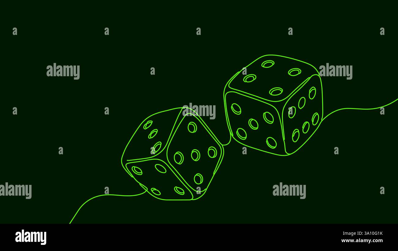 Dessin d'une seule ligne de dés. Risque de jeu classique. Casino Ads Luck chance design. Illustration vectorielle de vecteur de fond vert de contour minimaliste Illustration de Vecteur