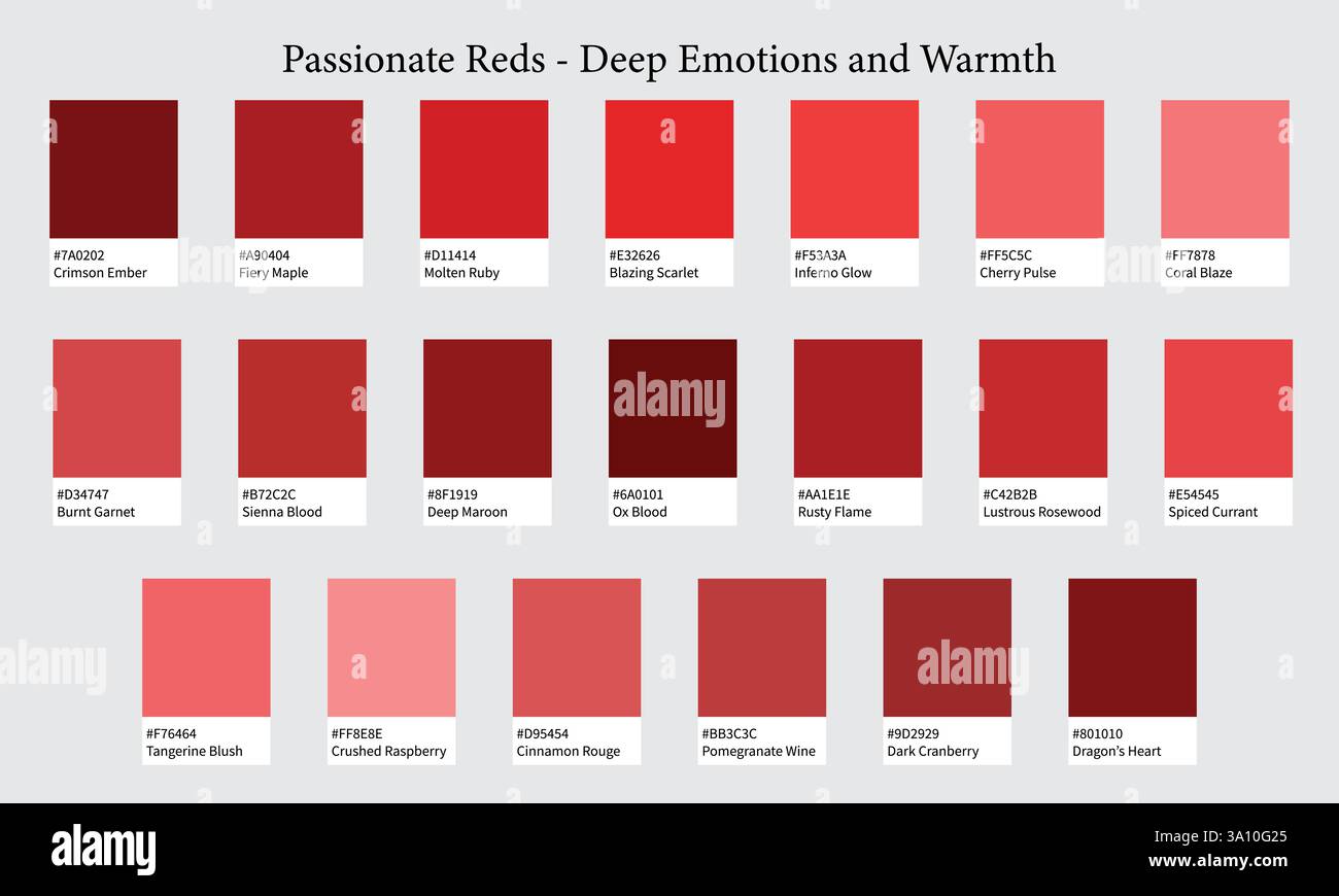 Palettes de couleurs 20 nuances de rouge - rouges passionnés émotions profondes et chaleur couleurs, teintes éclatantes avec codes et noms HEXADÉCIMAUX, nuances et schémas de couleurs Illustration de Vecteur