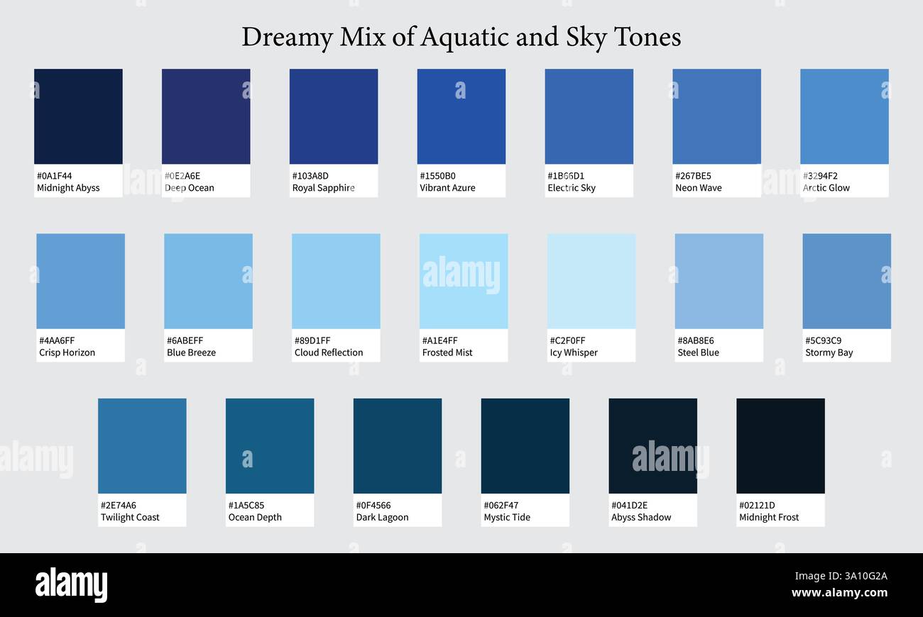 Palette de couleurs 20 nuances de bleu - tons aquatiques et ciel avec codes HEXADÉCIMAUX et noms, nuances de couleur et combinaisons Illustration de Vecteur