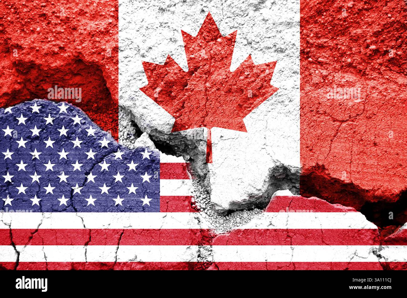 Drapeaux américains et canadiens sur fond fissuré. Concept de crise diplomatique, de tarifs douaniers et de guerre commerciale entre les États-Unis et le Canada Banque D'Images