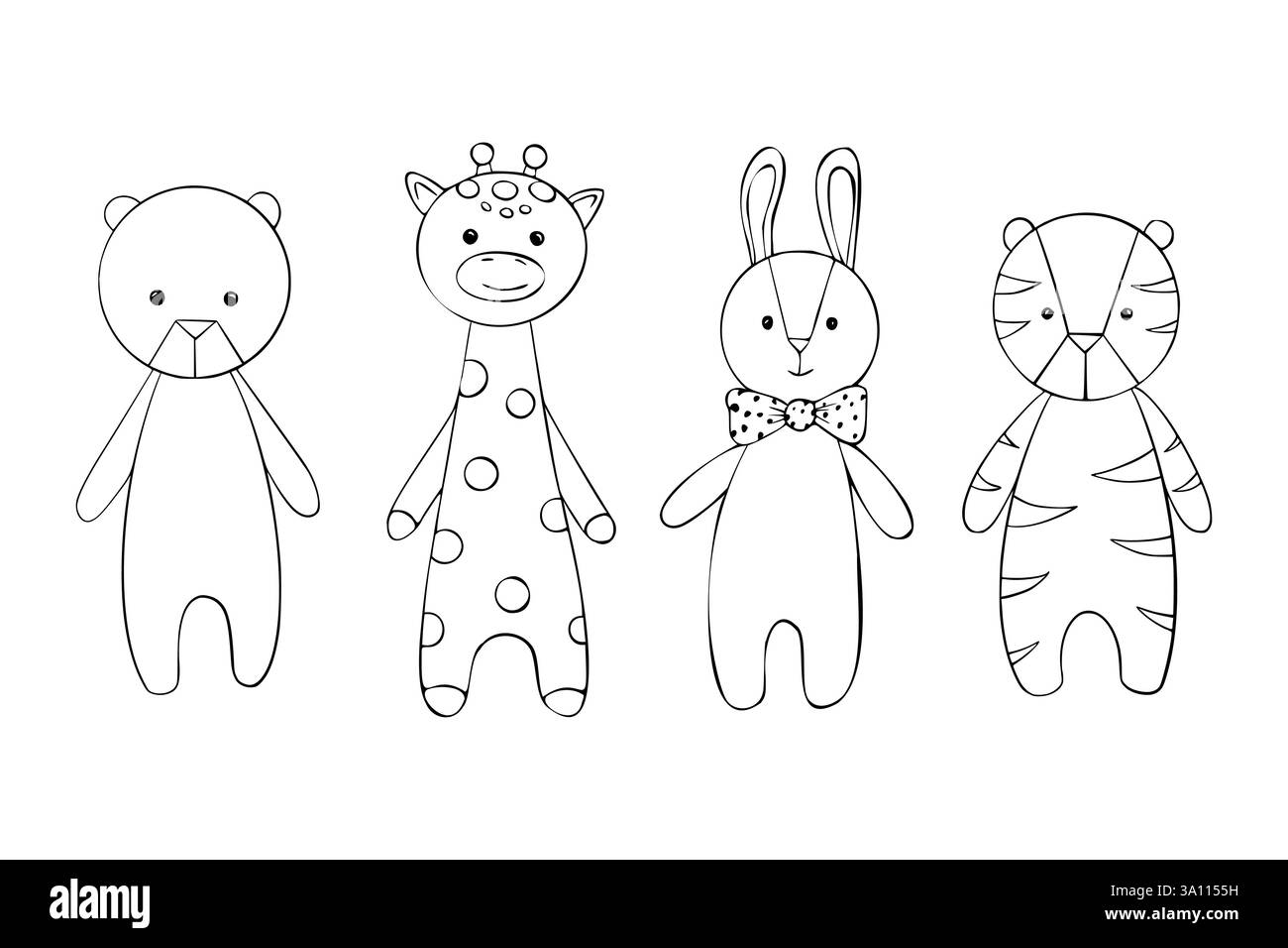Ensemble vectoriel de jouets mous pour enfants. Croquis de poupées bébé ours pelucheux, lapin, girafe et tigre. Dessin à la main dessin illustration animale pour carte Illustration de Vecteur