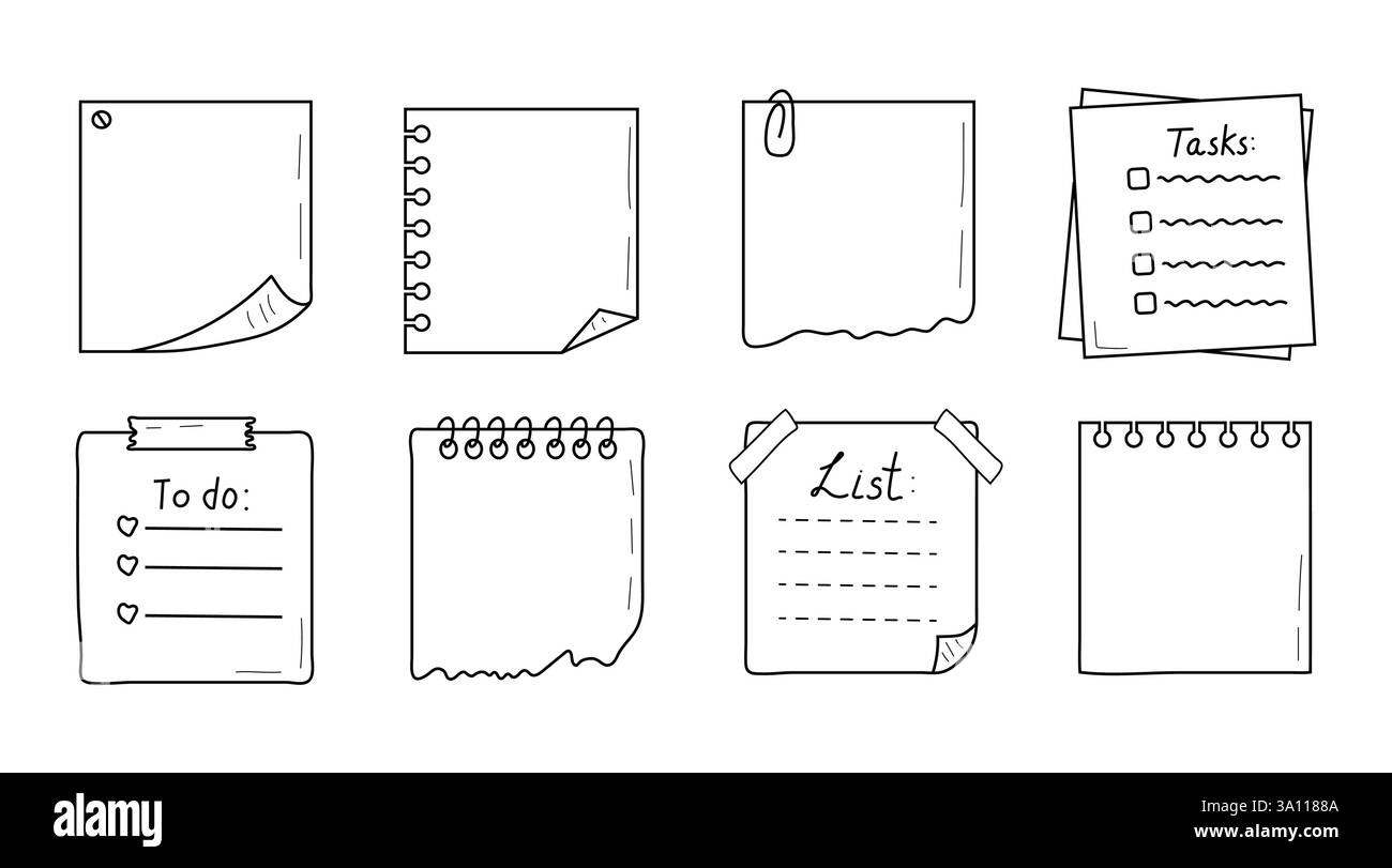 Ensemble de pages de journal et de carnet de notes de style gribouillage. Feuilles de planification dessinées à la main, listes de tâches et modèles d'horaires quotidiens Illustration de Vecteur