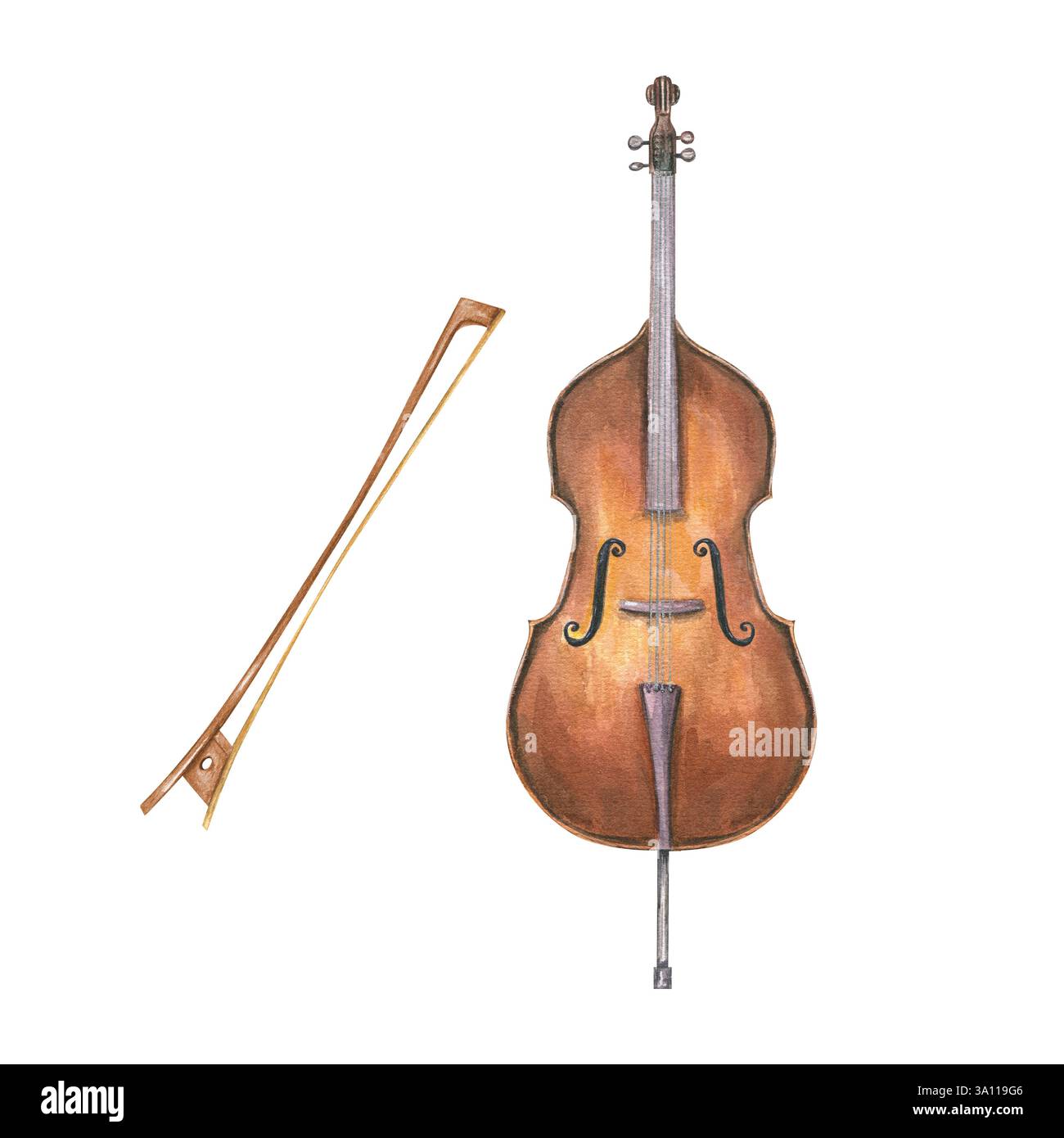 Aquarelle en bois brun contrebasse et illustration d'arc de violon arrière-plan isolé. Contrebasse arquée classique avec cordes Banque D'Images