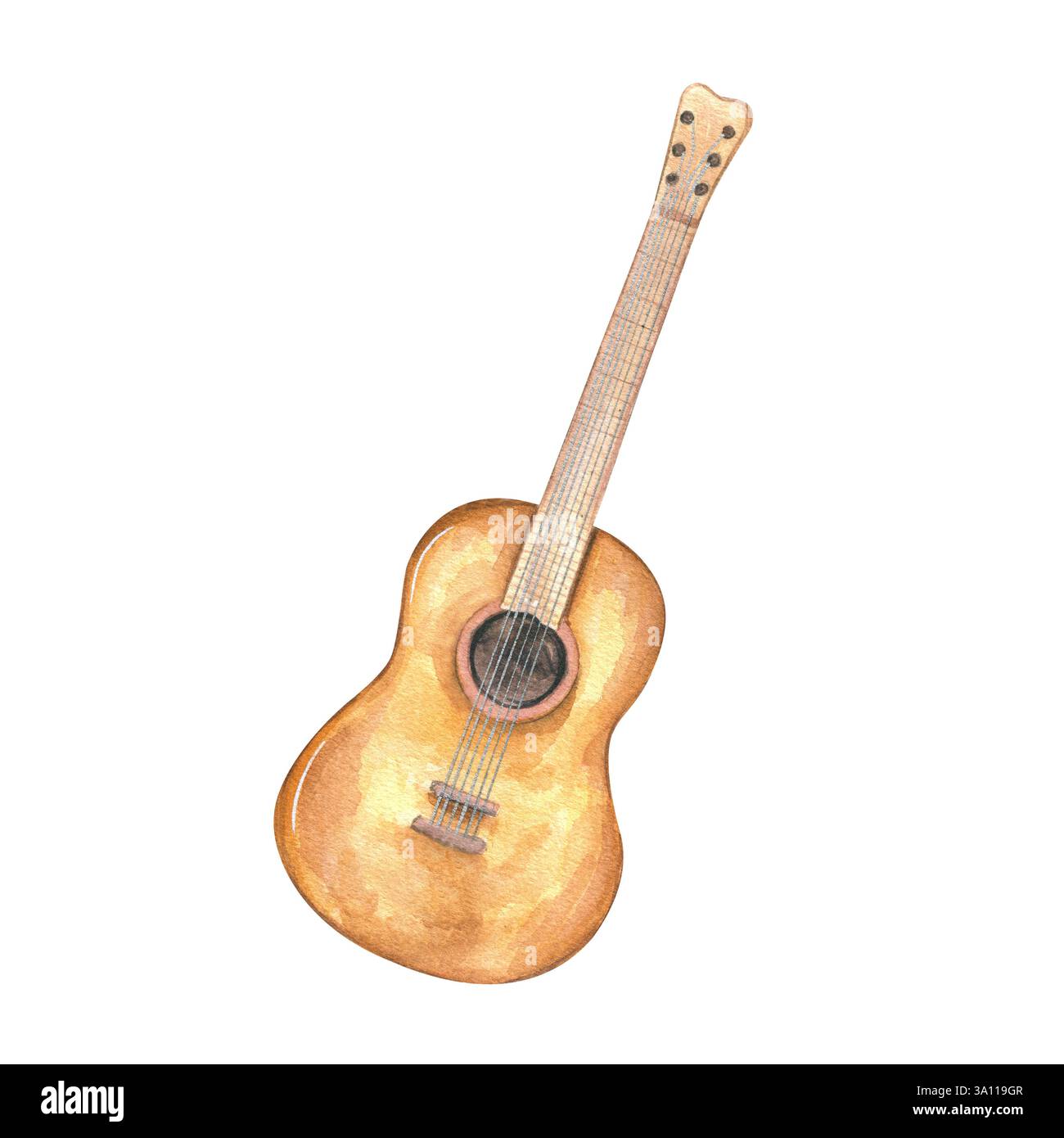 Illustration aquarelle de guitare à six cordes arrière-plan isolé. Instrument de musique à cordes marron. Élément classique pour la conception de l'éducation musicale Banque D'Images